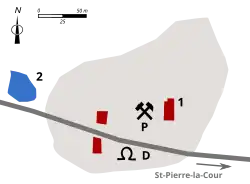 D. descenderie ;P. puits ;1. machine à vapeur ;2. réserve d'eau.Gris : zone exploitée.
