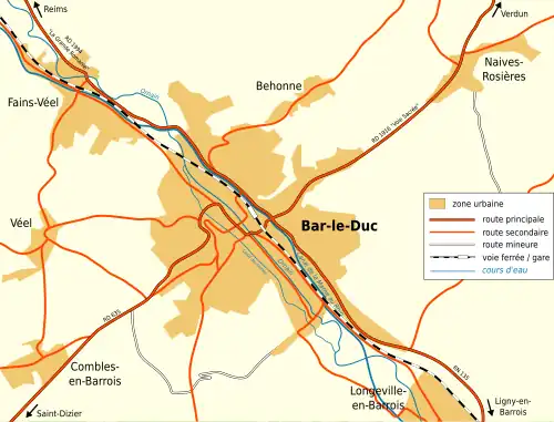 Plan montrant les différentes voies de communication autour de Bar-le-Duc.