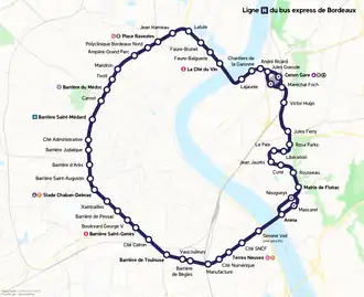 Carte de Bordeaux avec une ligne de couleur bleue.