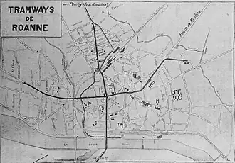 Plan du réseau de tramway de Roanne en 1928