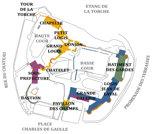 Plan du château montrant ses éléments et les époques de construction.