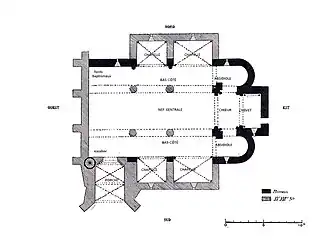Plan vu de dessus, avec sur fond clair des caractères noirs et d'épaisses lignes et courbes grises ou noires