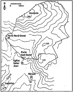 Plan des fortifications de Calydon d'après la carte publiée par Fr. Poulsen et K. Rhomaios, dans Erster Vorlaüfiger Bericht über die Dänisch-Griechischen Ausgrabungen von Kalydon, Taf. I. (1928).
