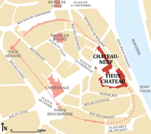 Plan du centre de Laval, montrant le château dans son contexte urbain.