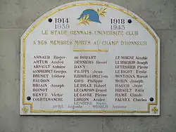 Photographie montrant une plaque commémorative, listant les membres du Stade rennais morts durant la Première Guerre mondiale