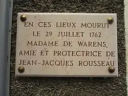 Plaque commémorative Décès de Mme&nbsp;de Warens sur la façade de sa maison à Chambéry
