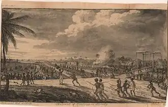 Groupe d'esclaves insurgés forçant les soldats européens du Lieutenant Brady à battre en retraite.