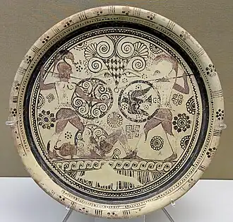 Combat de Ménélas et Hector sur le corps d'Euphorbe, assiette rhodienne du style des Chèvres Sauvages moyen, v. 600 av. J.-C., British Museum