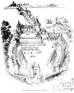 Le château de Pont-l'Abbé en 1400 (avec annotations)