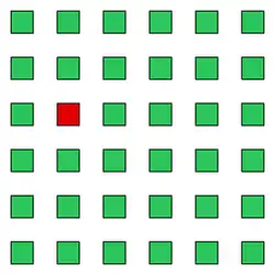 Quadrillage de trente-cinq carrés verts et d'un carré rouge.