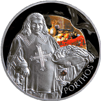 Vue d'artiste de Porthos sur une pièce de monnaie commémorative (Biélorussie, 2009).
