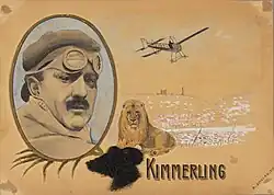 Dessin représentant le visage d'Albert Kimmerling dans un ovale, l'avion monoplan Type E avec lequel il s'est tué en 1912, un paysage de Lyon, un lion en pleurs et une rose de deuil. En bas à droite : A. Jullian, 1912.