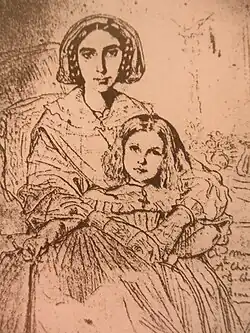 Dessin de Hortense Pauline de Prailly portant dans ses bras Berthe, future comtesse de Guichen.