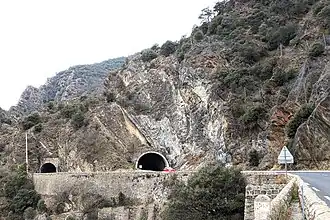 Affleurement de « marbre de Canaveilles » (précambrien), à côté d'un tunnel sur la RD66 (ex RN116), en dessous du village du même nom.