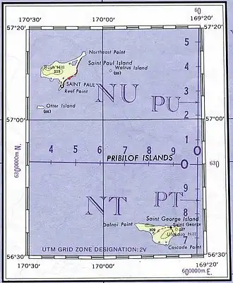 Carte des îles Pribilof avec l'île Walrus en haut.