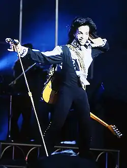 Portrait en pied de Prince avec une guitare dans le dos lors d'un concert en Irlande en 2007