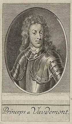 Gravure noir et blanc. Portrait en buste d'un homme en armure.