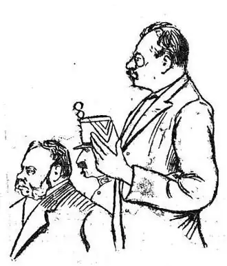 Croquis d'audience, publié dans Le Matin du 6 août, représentant Ducret (debout) et Norton (à gauche).