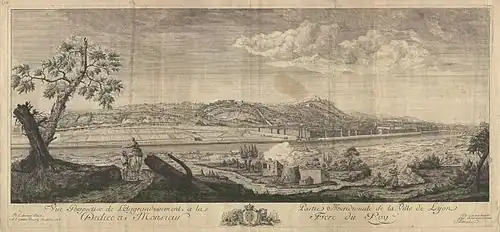 Gravure représentant le projet d'aménagement de Perrache, vu de la rive gauche du Rhône. La future zone viabilisé, à gauche, y apparaît comme un grand champ vide.