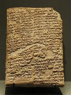 Tablette de copie du prologue du Code, première moitié du XVIIIe&nbsp;siècle&nbsp;av. J.-C. (sans doute antérieure à la rédaction de la stèle), musée du Louvre.
