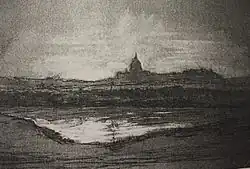 Joseph Trévoux, Croquis préparatoire, Promenade du Poussin à Rome, fusain et craie blanche sur papier ocre, 30 cm x 39,5 cm, Montbrison (Loire), collection particulière.