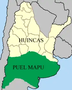 Carte du Puelmapu&nbsp;(es) au XIXe&nbsp;siècle, sur le territoire de l'actuelle Argentine. En jaune sont dessinées les frontières des 14 provinces originelles du pays, mais sans correspondance exacte avec les limites actuelles.