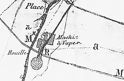 Plan représentant des bâtiment accompagné des mentions houille et machine à vapeur.