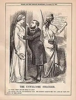 Caricature montrant un homme barbu refusant sa porte à une femme.