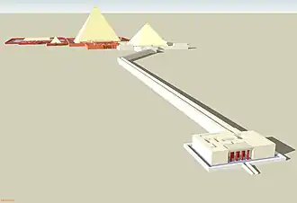 Restitution des pyramides de Niouserrê (à droite), Néferirkarê Kakaï (au centre), de Khentkaous&nbsp;II (à gauche) et de la pyramide inachevée de Néferefrê