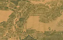 Zhang Zeduan, Le Jour de Qingming au bord de la rivière, détail : scène de marché sur un pont. XIIe&nbsp;siècle, musée national du Palais (Taipei).