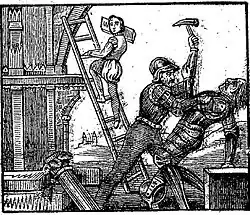 Gravure montrant un homme en armure tué par un autre, sous le regard d'un ouvrier dans un chantier de construction d'un édifice