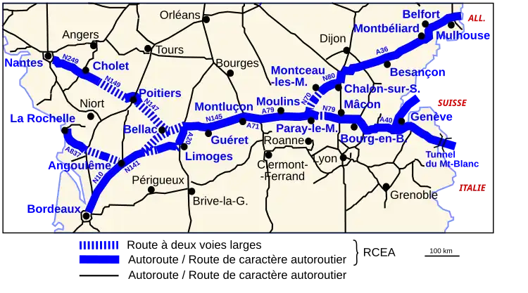 Carte détaillée du tracé de la route Centre-Europe Atlantique