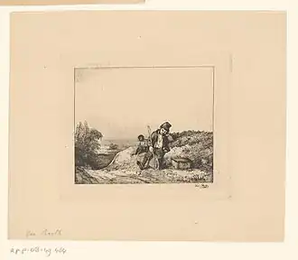 Un petit Savoyard avec un singe dans un paysage.