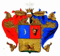 Blason coupé mi-parti en chef, au 1er d’azur à lune d’argent, au 2e de gueules à taureau, au coupé d’or à lion rampant