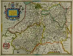 Carte ancienne montrant une partie du pays de Galles. Le Radnorshire, entouré de bleu, est dans le coin supérieur droit.