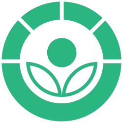 Cercle vert au centre blanc ; le cercle est interrompu par 5 lignes blanches dans la partie supérieure ; au centre un gros point vert surmonte le dessin schématique de deux feuilles aux ovales pointures, jointes par la base.