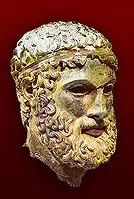 Tête de Bâle : bronze original grec, style "sévère tardif" (vers 460-450 AEC).