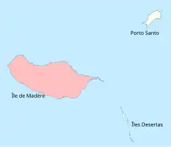 Carte montrant les principales îles de l'archipel de Madère, où seule l'île de Madère elle-même est mise en évidence.