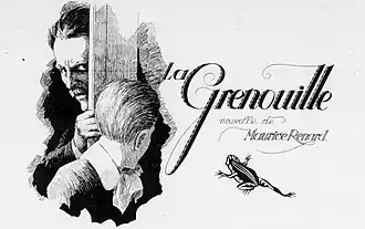 Illustration en noir et blanc d'un homme regardant un enfant depuis une porte entr'ouverte avec comme titre "La Grenouille. Nouvelle de Maurice Renard"