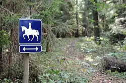 Panneau indicateur bleu avec un pictogramme en forme de cavalier.