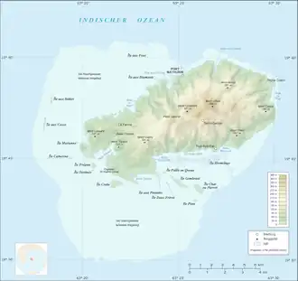 Carte de l'île Rodrigues, avec l'ile Frégate, à l'ouest,au large de la baie Topaze.