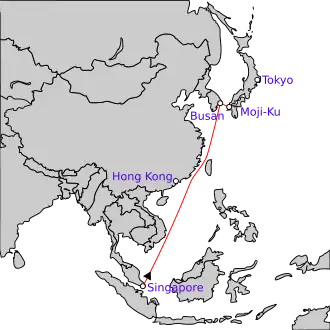 Carte de l'Asie du Sud-Est et de l'Est entre Singapour et le Japon indiquant le trajet approximatif de la Force d'achèvement