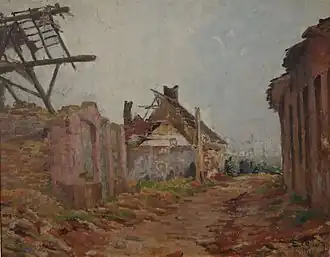 Ruines à Reninghe (1917), huile sur toile, 38&nbsp;×&nbsp;55&nbsp;cm, localisation inconnue.