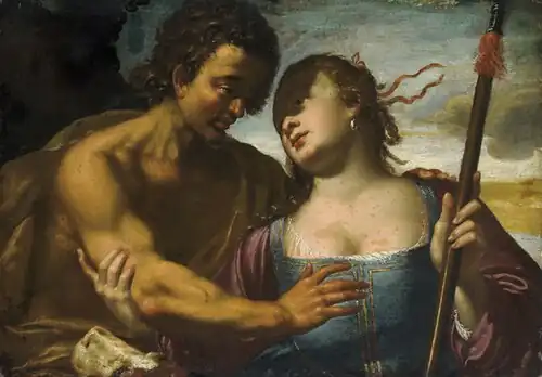 Céphale et ProcrisProcris offre à Céphale le chien Laelaps et la lance qui ne rate jamais la cible en échange d’une nuit d’amour  (vers 1630) huile sur toile, collection privée Lausanne.