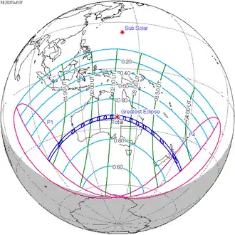 Carte de l'éclipse générale.