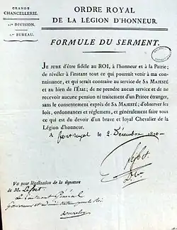 Serment de Pierre Lefort nommé chevalier de la Légion d'honneur.