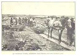 Photographie d'un cheval tirant un petit chariot rempli de gravats sur une voie ferrée étroite dans un paysage désertique