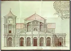 Dessin en couleur d'un édifice religieux.