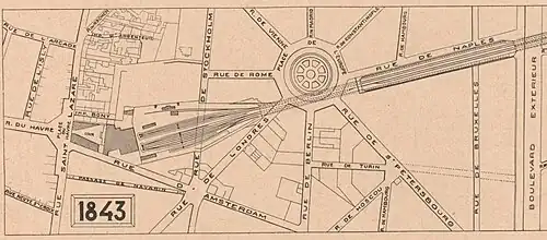 Plan de masse de la gare Saint-Lazare en 1843.
