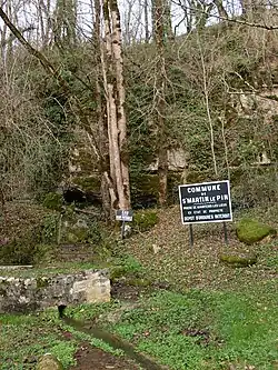 Source qui sort d'une grotte dans une falaise au bord de la RD 75, sur le territoire de Saint-Martin-le-Pin.